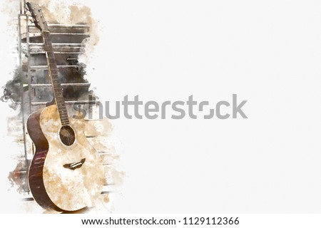 Abstract colorful Guitar in the foreground on Watercolor painting background and Digital illustration brush to art.