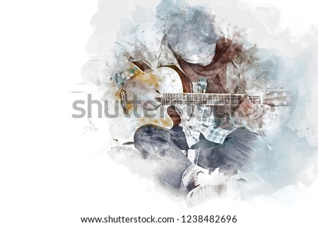 Abstract beautiful playing acoustic Guitar in the foreground on Watercolor painting background and Digital illustration brush to art