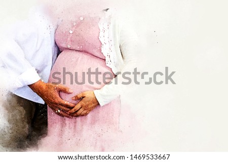 Abstract colorful close-up pregnant woman with husband and hug on white background on watercolor illustration painting background.