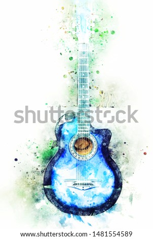 Abstract colorful blue shape on acoustic guitar in the foreground Close up on Watercolor illustration painting background.