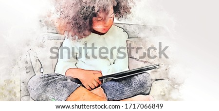 Abstract happiness family kid girl reading tablet smart on bedroom on watercolor illustration painting background.