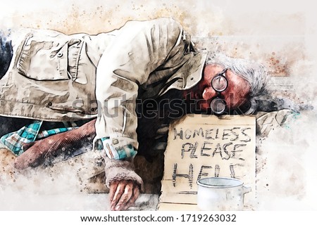 Abstract colorful business senior man homeless alone on watercolor illustration painting background.