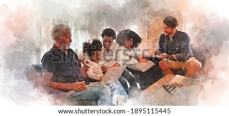 Abstract happiness America Africa family with children in home on watercolor illustration painting background.