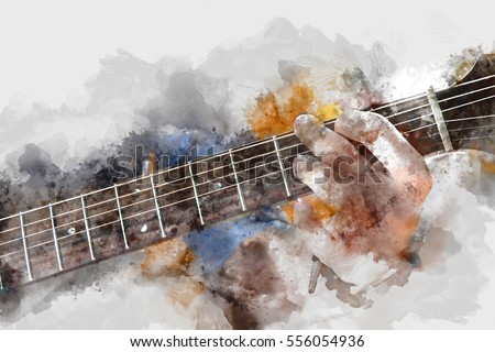 Abstract beautiful man playing acoustic guitar on Watercolor painting background and Digital illustration brush to art.