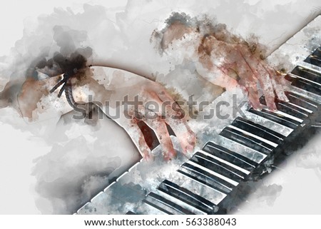 Abstract beautiful hand a woman playing keyboard of the piano foreground Watercolor painting background and Digital illustration brush to art.