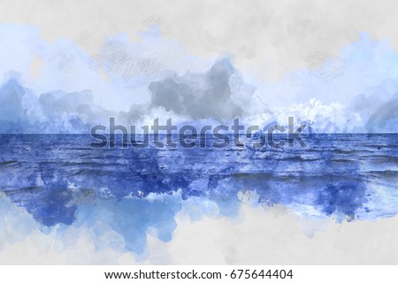 Beautiful water sea soft waves on watercolor painting background, watercolor brush background