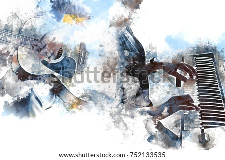 Abstract beautiful playing Guitar and piano in the foreground on Watercolor painting background and Digital illustration brush to art.
