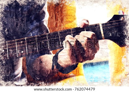 Abstract beautiful a man playing Guitar in the foreground on oil Watercolor painting background and Digital illustration brush to art.
