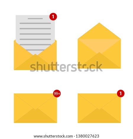 Mail icon set. Envelope sign. One incoming message. New email notification. Open and read message. Vector illustration
