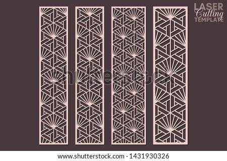 Laser cut decorative ornamental borders patterns in japanese kumiko style. Set of bookmarks templates. Geometric hexagon ornamental panels. Metal, paper or wood carving. Outdoor screen.