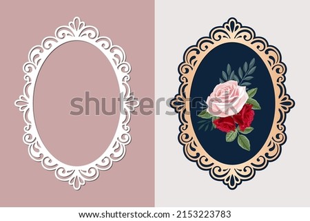 Lace oval frame cut template, Vintage background with rose flower in an openwork frame, vector.