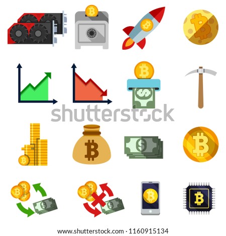 Set of twelve crypto currency flat icons. Blockchain flat icons with money, coin, CPU e t c
