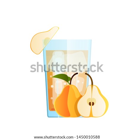 Glass With Pear Juice, Pieces of Ice, Fruit Slices. Drink Duchess pear. Funny Bubbles, Summer Holidays. Isolated on a white background