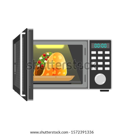 open microwell with delicious hot tacos inside. Hot food in the microwave. Open microflow door. Microwave oven icon. Simple illustration of microwave oven vector icon for web design isolated on white 