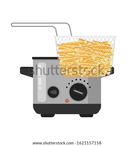 Vector home deep fryer for cooking french fries and roast product in hot oil household equipment flat illustration, cartoon style isolated.  