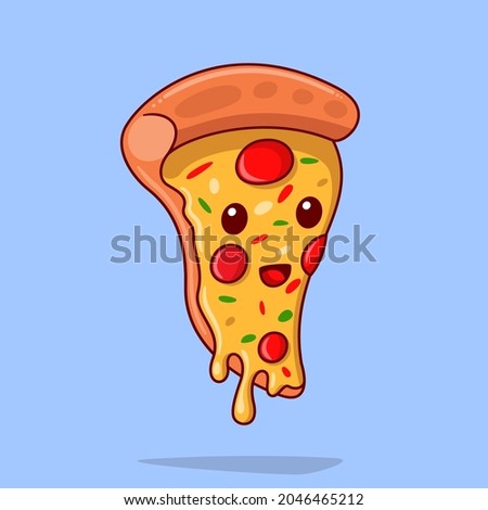 Cartoon Style Pizza Slice with Eyes and Mouth smiles and asks to eat it. The melted cheese drips off the mouth-watering slice of pizza.