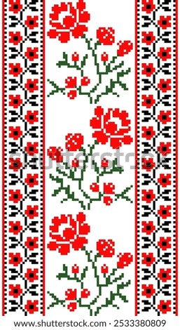 Pixel art embroidery pattern. Repeating Ukraine geometric pattern design with floral. Symmetrical and Clean. For use as neckline embroidery, neckline