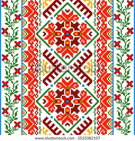 Pixel art embroidery pattern. Repeating Ukraine geometric pattern design with floral. Symmetrical and Clean. For use as neckline embroidery, Cross Stitch Pattern with Floral Designs