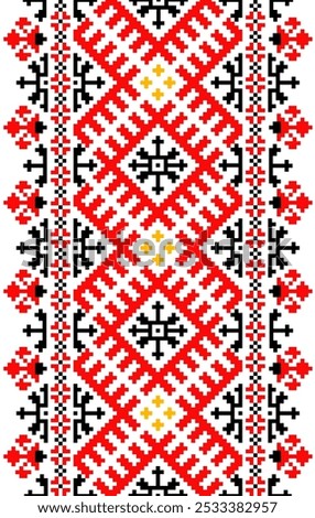 Pixel art embroidery pattern. Repeating Ukraine geometric pattern design with floral. Symmetrical and Clean. For use as neckline embroidery, neckline
Cross Stitch Pattern with Floral Designs.