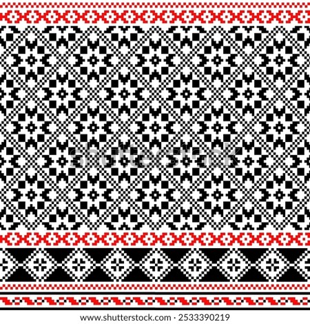 Pixel art embroidery pattern. Repeating Ukraine geometric pattern design with floral. Symmetrical and Clean. For use as neckline embroidery.
Cross Stitch Pattern with floral designs.
