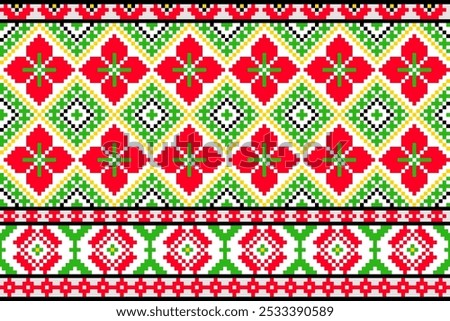 Pixel art embroidery pattern. Repeating Ukraine geometric pattern design with floral. Symmetrical and Clean. For use as neckline embroidery.
Cross Stitch Pattern with Floral Designs.

