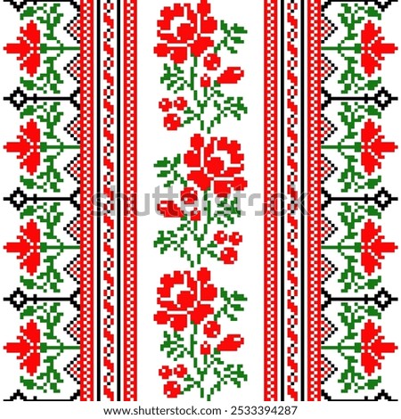 Pixel art embroidery pattern. Repeating Ukraine geometric pattern design with floral. Symmetrical and Clean. For use as neckline embroidery.
Cross Stitch Pattern with Floral Designs.