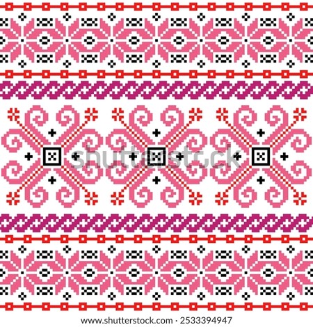 Pixel art embroidery pattern. Repeating Ukraine geometric pattern design with floral. Symmetrical and Clean. For use as neckline embroidery.
Cross Stitch Pattern with Floral Designs.