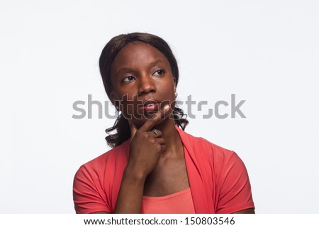 Young African American woman thinking, horizontal