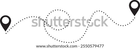 Route icon between two points with dotted path and location pin. Location pointer continuous one line drawing. Dot line path route travel banner illustration with location map pin icon for destination