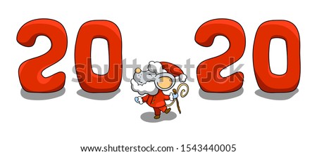 2020 Year and Santa Claus mouse character. New Year banner template with rat. 2020 Lunar year of mouse. Handdrawn cartoon vector illustration on white background. Winter holiday card. Cute x-max print