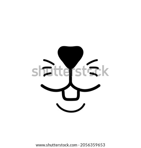 Smiling animal face with rodent teeth. Black doodle on white background. Mouse or bunny face mask silhouette. Cute rabbit stamp. Animal nose logo for veterinarian or pet shop. Lovely pet icon