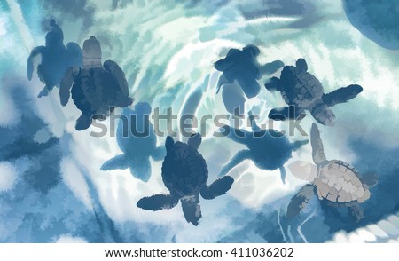 Digital illustration: Sea turtles in blue, small turtles in water, baby turtle, baby animal just born and swim in ocean, turtle swimming in blue water, olive ridley sea turtle, sea life in the sea