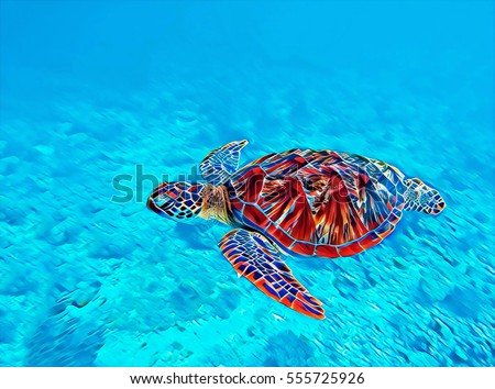 Digital illustration - Sea turtle in water. Swimming animal painting style picture. Seashore life: coral reef, stones at sea bottom, sea plants. Sea turtle in the water paint brush image. Ocean turtle