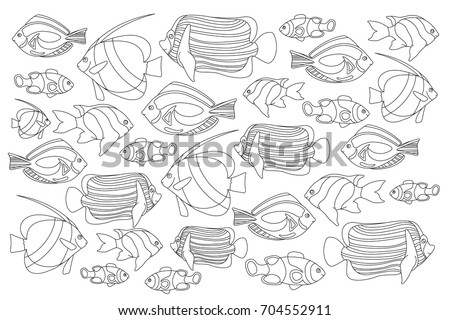 Outlined Coral Fishes Horizontal Coloring Page Tropical Fish Card Marine Life Book