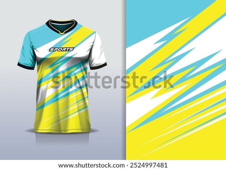 Sport jersey design vector template mockup sharp line for football soccer, running, esports, blue white yellow color