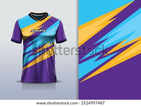 Sport jersey design vector template mockup sharp line for football soccer, running, esports, blue purple orange color