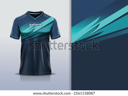 T-shirt mockup abstract sharp line jersey design for football, soccer, racing, esports, running, in blue tosca color