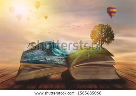 
Concept of an open magic book; open pages with water and land and small child. Fantasy, nature or learning concept, with copy space Foto stock © 