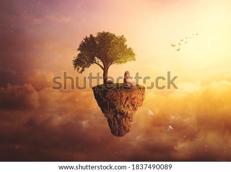  Composite fantasy/surreal background - Little girl sitting on floating island, throwing paper airplanes