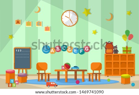 Kindergarten Classroom Interior Children Kids School Toys Furniture Vector Illustration