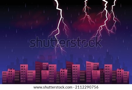 Thunder Storm Lightning Rainy Night City Building Skyline Cityscape Illustration