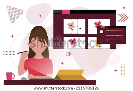Girl Graphic Designer Digital Drawing Tool Flat Design Illustration
