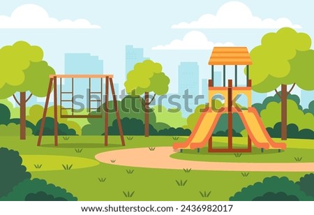 Flat Design Illustration of Slide in City Park with Green Trees in Bright Day