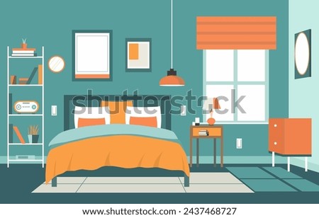 Flat Design of Bedroom Interior with Bed Furniture and Window in Home