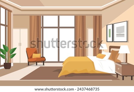 Flat Design of Bedroom with Bed Furniture Window and Plant in Hotel