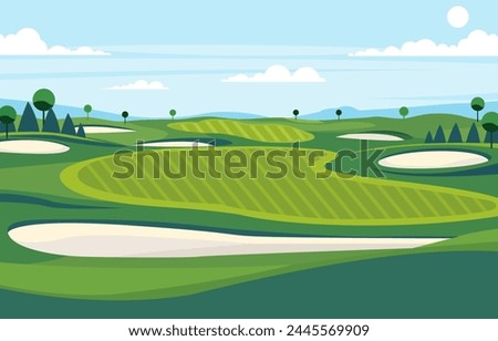 Nature Landscape of Green Golf Field Course with Hole in Bright Sky