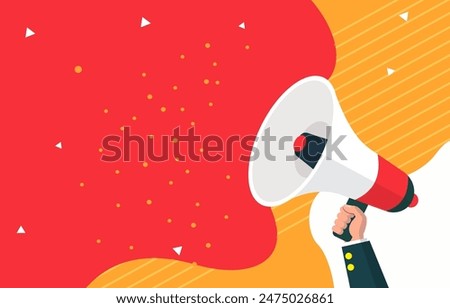 Flat Design Illustration Background of Hand Holding Megaphone Horn Speaker for Attention Announcement with Copy Space