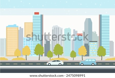 Flat Design Illustration of Cars Vehicle in City Road Traffic with Cityscape in Bright Day