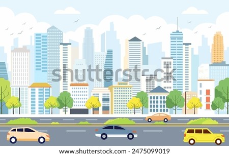 Flat Design Illustration of Cars Vehicle in City Road Traffic with Cityscape in Bright Day