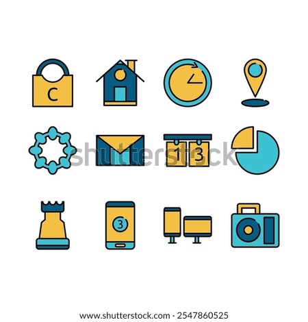 Filled Line Icon Set of Business Office Work Setting Equipment